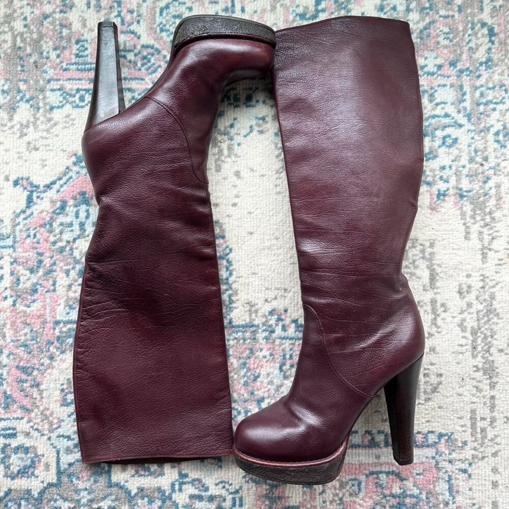 BOTTEGA VENETA BURGUNDY LEATHER HIGH-KNEE BOOTS
